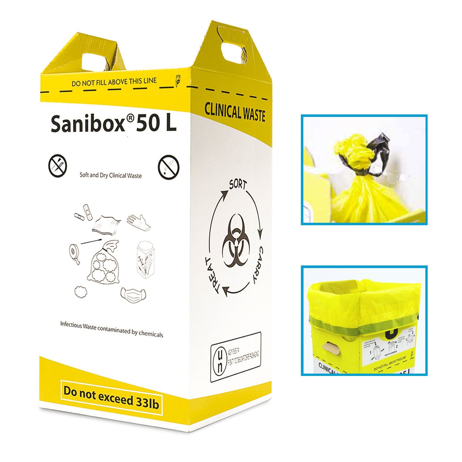 Контейнер-пакет для збору та утилізації медичних відходів Sanibox 50л High (міцний PE пакет з затяжками, гофрокартон)